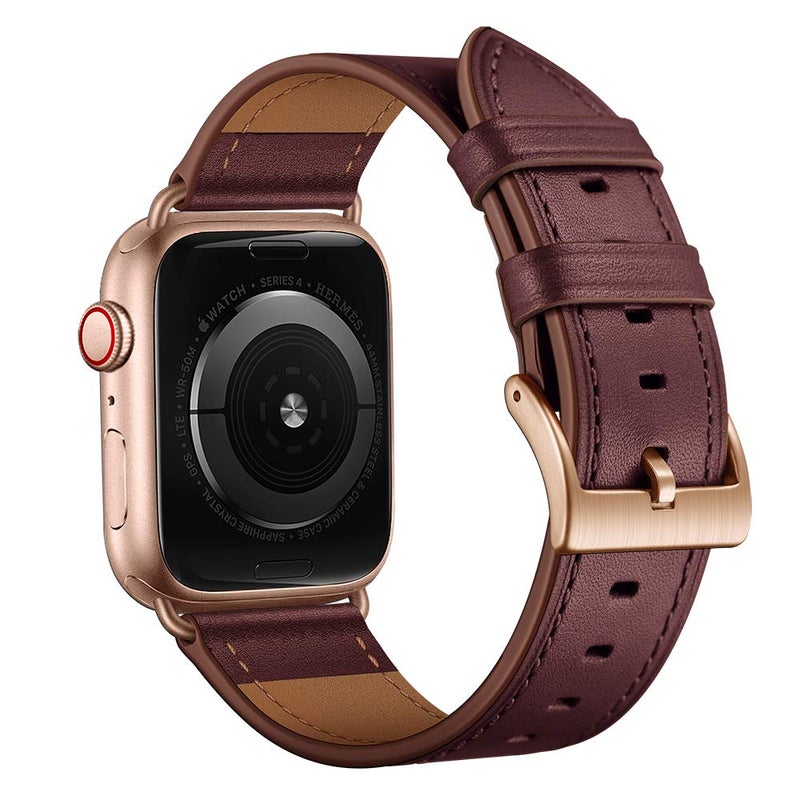 OUHENG Leather Bands Compatible with Apple Watch Band 49mm/46mm/45mm/44mm/42mm, Genuine Leather Strap for iWatch Series 11/10/9/8/7/6/5/4/3/2/1 & Ultra 3/2/1 & SE3 SE2 SE, Wine Red/Rose Gold - Image 2